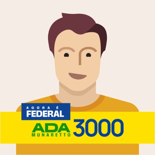 Ilustração de uma pessoa com a moldura aplicada: a faixa Agora é federal e o lockup Ada Munaretto 3000 sobre a foto.